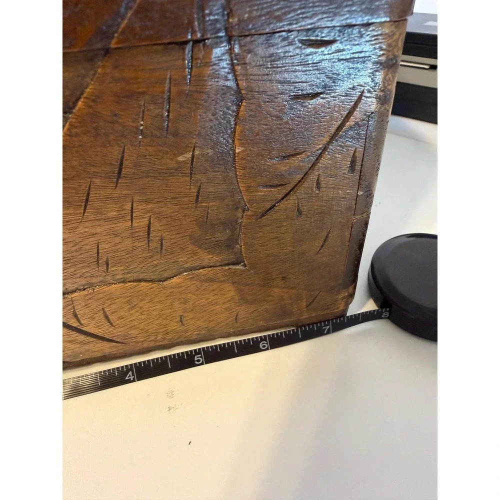 Vintage Hand Carved Camphor Wood Jewelry Box Asian Village Scene Brass Latch 12